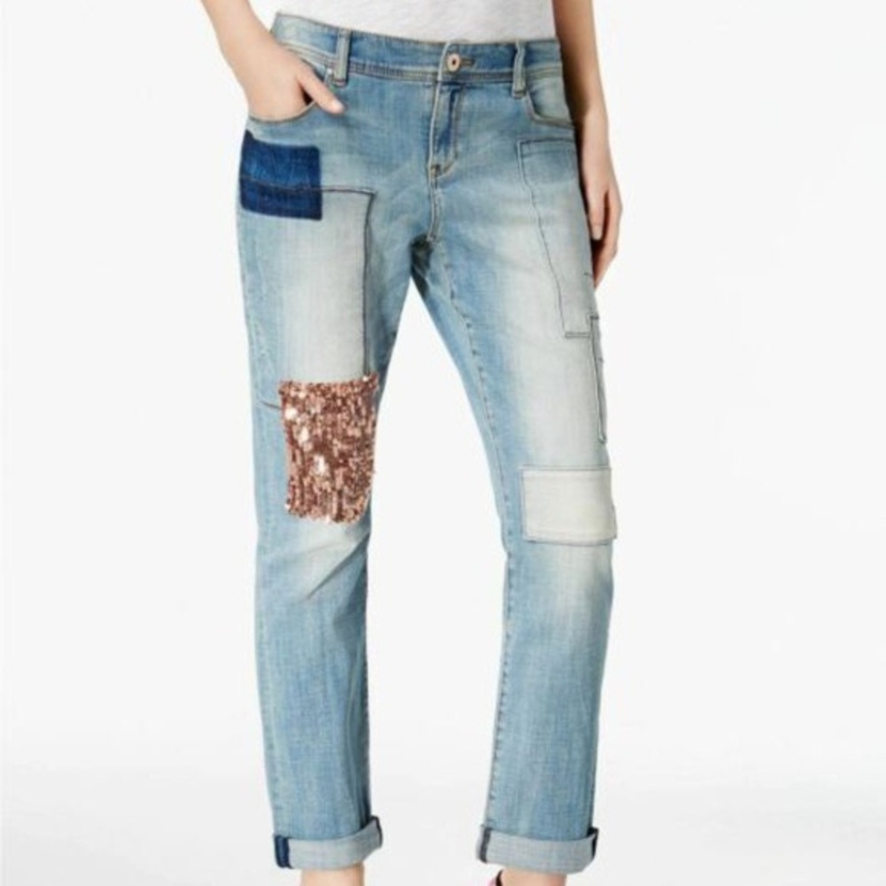 INC | Sequin Patchwork Mid Rise Cottagecore Festival Boho Boyfriend Jeans